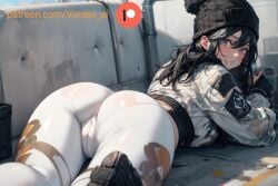 1girls ai_generated ass ass_focus ass_up beanie black_hair curvy curvy_female curvy_figure frost_(rainbow_six) hat holster laying_down laying_on_ground laying_on_stomach leggings long_hair looking_at_viewer rainbow_six_siege seductive thick_thighs thighs_bigger_than_head vornex_ai