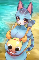 1girls 2023 animal_crossing ball beach big_breasts blue_body blush breasts cat_ears cat_girl cat_tail cute eyelashes feline feline_humanoid female female_only fullpillow furry furry_only holding_object lolly_(animal_crossing) seaside signature striped_body tail tongue yellow_eyes