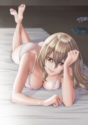 1girls aoki_clair arm_support ass bed big_breasts blonde_hair breasts busty feet gleipnir large_breasts long_hair lying on_stomach panties pose posing seductive seductive_smile sensual smile the_pose