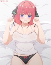 accurate_art_style big_breasts black_panties blue_eyes blush bra breasts el_bin go-toubun_no_hanayome huge_breasts looking_at_viewer nakano_nino on_bed pink_hair ribbon see-through_clothing short_hair smile solo thick_thighs thighs white_shirt