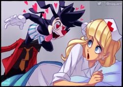 1boy 1girls animaniacs animaniacs_(2020) animification anthro blonde_hair blue_eyes boxers cosplay female furry furry_male hat heart heart-shaped_pupils hello_nurse long_hair looking_at_another lupin_dive lupin_iii male male_underwear nurse nurse_cap parody pounce surprised symbol-shaped_pupils underwear yakko_warner