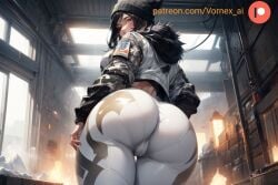 1girls ai_generated ass ass_focus ass_up beanie bent_over black_hair curvy curvy_female curvy_figure frost_(rainbow_six) hat holster leggings long_hair looking_at_viewer rainbow_six_siege seductive thick_thighs thighs_bigger_than_head vornex_ai