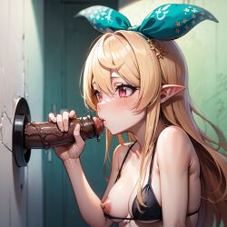 ai_generated blonde_hair breasts_out glory_hole hair_ribbon kissing_penis nijisanji nijisanji_en nipples pomu_rainpuff red_eyes swimsuit tagme virtual_youtuber weird_penis