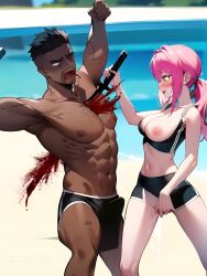 1boy 1girls ai_generated blood_splatter dark-skinned_male edit female_dominating_male female_kill_male femdom flexing_bicep guro male_victim men_in_pain muscular_male sadism stab wet_panties