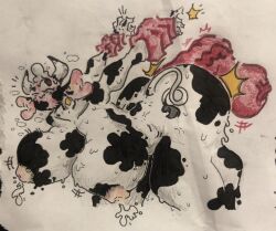 1boy1girl bent_over big_breasts blush bovine breasts cow_girl doggy_style drawn furry hand_drawn milk mr._momoz penetration sex traditional_media_(artwork)