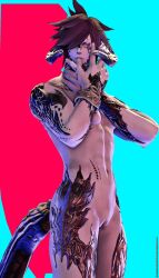 1cuntboy au_ra black_scales cuntboy cuntboy_only final_fantasy_xiv horns intersex jewelry light-skinned_cuntboy light_skin muscles oc purple_body purple_hair purple_skin ring scales_slave standing submission submissive_cuntboy tail tattoos touching touching_face xaela