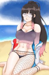 1girls ale_131 beach big_breasts cleavage clouds day female_only fishnets glasses hana_yomeguri long_hair looking_at_viewer ponytail thong virtual_youtuber