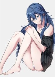 1girls alternate_costume ameno_(a_meno0) ass bare_shoulders barefoot big_ass black_shirt blue_eyes blue_hair blush collarbone feet female female_only fire_emblem fire_emblem_awakening grey_background grin hair_between_eyes long_blue_hair long_hair looking_at_viewer lucina_(fire_emblem) nintendo no_panties off_shoulder oversized_clothes oversized_shirt panties pantyshot pantyshot_(sitting) shirt simple_background sitting smile solo symbol-shaped_pupils toes underwear upskirt white_panties