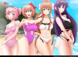 4girls alternate_version_available beach big_breasts bikini blue_eyes blush breasts brown_hair cleavage clouddg covered_navel doki_doki_literature_club female female_only green_eyes long_hair looking_at_viewer matching_hair/eyes monika_(doki_doki_literature_club) natsuki_(doki_doki_literature_club) navel navel_cutout outdoors outside pink_eyes pink_hair ponytail purple_eyes purple_hair sayori_(doki_doki_literature_club) short_hair small_breasts smile strawberry_blonde_hair swimsuit yuri_(doki_doki_literature_club)