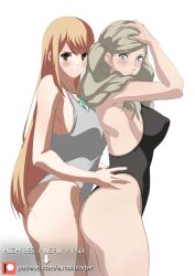 2girls ann_takamaki atlus bathing_suit blonde_hair blue_eyes brown_eyes core_crystal crossover excaliblader female female_only hands_on_hips looking_at_viewer mythra nintendo persona persona_5 sideboob xenoblade_(series) xenoblade_chronicles_2