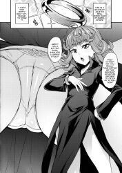 1girls artist_request english_text female female_only magic_ring monochrome one-punch_man open_mouth panties part1 powers ring solo speech_bubble story tatsumaki text tricked