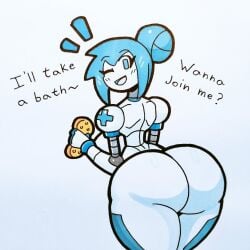 alice_(mr.ctm) ass big_ass big_breasts blue_eyes blue_hair breasts huge_ass huge_breasts mr.ctm robot robot_girl robot_humanoid smile speech sponge text thick_thighs thin_waist wide_hips wink