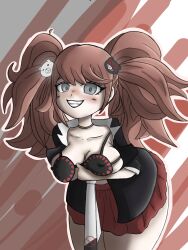 big_breasts censored clothed danganronpa female female_only grey_eyes huge_breasts junko_enoshima nipples patas_(artist) simple_background