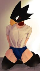 big_head bird_humanoid blushing boku_no_hero_academia boxers cute embarrassed fumikage_tokoyami gay looking_away muscular_thighs my_hero_academia non-human skinny solo_male thighhighs yaoi