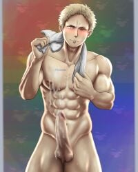 1boy after_masturbation big_balls big_penis blonde_hair blonde_male blush completely_nude cum cum_in_penis gay given_(anime) kaji_akihiko lgbt_pride lgbt_pride_colors male male_only naked nipples penis solo solo_male xxberde yaoi