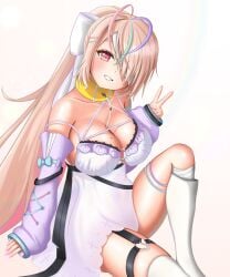 1girls belly_button belly_button_visible_through_clothing big_breasts blonde_hair blush breasts cleavage clothed clothing collar female female_only hair_over_one_eye hair_ribbon indie_virtual_youtuber kulaku_lie leash leash_and_collar leash_between_breasts light-skinned_female light_skin looking_at_viewer omu_raisu969 ponytail red_eye simple_background solo virtual_youtuber white_background