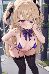 1girls ai_generated black blonde_hair blush fischl_(genshin_impact) grin hand hips legwear looking_at_viewer micro_bikini purple_eyes smile smug thighhighs very_long_hair younger_female