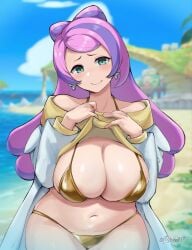 1girls artsheops beach bikini breasts female female_only gold_bikini green_eyes huge_breasts long_hair looking_at_viewer miriam_(pokemon) naughty_face nintendo outdoors pokemon pokemon_sv purple_hair smile solo thick_thighs voluptuous wide_hips