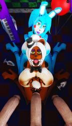 2girls 5_fingers balloon balloons black_bowtie black_lips blue_hair blue_lips blue_skin bowtie brown_skin buttplug cum_on_hands dead_eye_007_(artist) five_nights_at_freddy's green_eyes high_heels keyboard keyboard_instrument multiple_girls open_mouth present purple_balloon red_balloon red_bowtie tophat toy_bonnie_(fnaf) toy_freddy_(fnaf) white_hair yellow_eyes