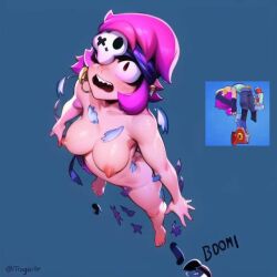 ai_generated blue_background brawl_stars completely_naked completely_nude completely_nude_female enf exploding_clothes explosion humiliation penny_(brawl_stars) pink_hair suddenly_naked surprised torn_clothes torn_clothing video_games