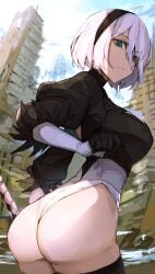 ass ass_focus black_hairband black_shirt black_thighhighs blue_eyes blue_sky breasts closed_mouth cloud commentary feather-trimmed_sleeves female gloves hair_between_eyes hairband highres katana large_breasts leotard looking_at_viewer nasubin_(nasubisamurai15) nier:_automata nier_(series) outdoors shirt short_hair sky solo sword symbol-only_commentary thighhighs thong_leotard weapon white_hair white_leotard yorha_2b