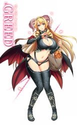 bare_shoulders black_panties black_wings blonde_hair damnedrive demon_girl demon_horns demon_wings drill_locks full_body green_eyes highres horns huge_breasts large_breasts legs_together long_hair lowleg_panties mammon_(nanatsu_no_taizai) mature_fe mature_female monster_girl nishii_(nitroplus) official_art plump scan shopping_bag sin_nanatsu_no_taizai smile solo_female thighhighs thighs white_background