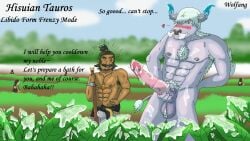 anthro bovine bovine_penis bull cum cum_on_crops dialogue fakemon flirting horny human male_only original_character pokemon pokemon_(species) profwolfang regional_form_(fakémon) regional_form_(pokémon) tauros