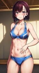 1girls abs ai_generated athletic athletic_female bare_arms belly belly_button blush brown_hair cleavage closed_mouth medium_breasts mikazuki_shizuka navel short_hair solo sports_bra sports_shorts sportswear stomach thick_thighs violet_eyes violet_hair zom_100_zombie_ni_naru_made_ni_shitai_100_no_koto