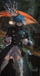 au_ra blue_hair final_fantasy final_fantasy_xiv horns leather_clothing male_focus male_only masked_male metal_gear oc outdoors penis purple_body purple_skin rean scales_slave slut smile submission submissive_male white_scales