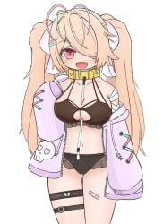 1girls bandage bandaid beauty_mark belly_button bikini black_bikini blonde_hair blush boob_window collar female female_only glryousuke happy indie_virtual_youtuber jacket kulaku_lie leash leash_and_collar leash_between_breasts light-skinned_female light_skin looking_at_viewer oerba_yun_fang open_jacket red_eye solo swimsuit unzipped unzipped_jacket virtual_youtuber