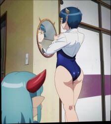2girls adjusting_clothes ass big_ass clothing demon demon_girl demon_horns fat_ass female green_eyes hips horns large_ass level_1_demon_lord_and_one_room_hero medium_hair mirror monster_girl pointy_ears reflection screencap screenshot thick_thighs thighs voluptuous zenia_(level_1_demon_lord_and_one_room_hero)