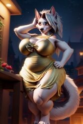 ai_generated anthro bbw black_lips black_nose boob_window canid canid_demon canine canis cleavage curvaceous curvy dress facial_tuft fur furry gold_dress gray_fur gray_hair grey_fur grey_hair hand_in_hair hand_on_hip hellhound helluva_boss hind_legs hindlegs hindpaw huge_breasts inner_ear_fluff long_dress looking_at_viewer loona_(helluva_boss) low-angle_view outdoors overweight plump red_sclera stable_diffusion standing tuft two_tone_body two_tone_fur underboob vivienne_medrano voluptuous weight_gain wgenjoyr4539 white_eyes white_fur wide_hips