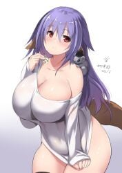 baggy_clothing bottomless covering_crotch dog_ears dog_tail hizuki_ayana huge_breasts kagaku_na_yatsura purple_hair rat yoshikawa_hideaki