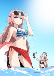 >_< 2girls absurdres animal bikini black_bikini blue_bikini breasts cellphone closed_mouth day eyewear_on_head feline flip_phone girls'_frontline grey_hair hair_flaps hand_up hands_up highres junsuina_fujunbutsu large_breasts lifebuoy long_hair mdr_(girls'_frontline) medium_breasts multicolored_hair multiple_girls nail_polish navel ntw-20_(girls_frontline) ntw-20_(op._blazing_sun)_(girls'_frontline) official_alternate_costume on_head open_mouth phone pink_hair sarong selfie side_ponytail sidelocks sky starfish streaked_hair striped striped_bikini summer sun sunglasses swimsuit turtle turtle_shell water