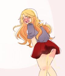 angry blonde_hair blush embarrassed kimura_kaere looking_back moonaurelia omorashi panties peeing peeing_self princessomo sayonara_zetsubou_sensei school_uniform upskirt urine urine_on_legs urine_stream wetting wetting_self