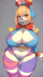 ai_generated animated anthro awokose balloon big_breasts bigger_female boob_inflation breast_inflation circus clown clown_girl colorful_body cute cute_face expansion furry gif grow growth huge_breasts inflation short shortstack thick_thighs