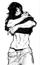 1boy aizawa_shouta artist_request black_hair boku_no_hero_academia eraserhead facial_hair lifting_shirt long_hair_male male male_only mature_male my_hero_academia shouta_aizawa six_pack solo_male sweatpants thong tired_eyes