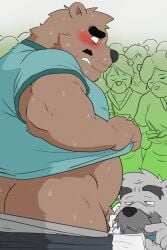 2023 anthro ass bear belly blush bodily_fluids brown_body brown_fur clothing doctor facial_hair fur furry_only genitals grey_body grey_fur group hi_res humanoid_hands kemono male mammal mature_male moustache overweight overweight_male penis shibatanukiti shirt small_penis sweat topwear