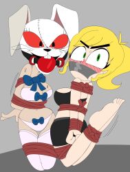 2girls ball_gag blush bondage female_only five_nights_at_freddy's five_nights_at_freddy's:_security_breach kidnapped multiple_girls non-consensual on_floor ponytail redstheatre scared scared_expression tape_gag vanessa_(fnaf) vanny_(fnaf)