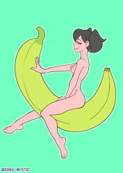 1girls 2020 banana barefoot breasts dark_hair feet karen_(mystic_dong) mystic_dong nipples nude original_character toes twintails