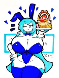 alice_(mr.ctm) big_breasts blue_eyes blue_hair bowtie breasts bunny_ears bunnysuit heart heart-shaped_pupils huge_breasts mr.ctm nipple_bulge nipples_visible_through_clothing nurse robot robot_girl robot_humanoid thick_thighs thin_waist white_body white_skin wide_hips wink