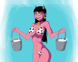 1girls 2021 bikini blush cow_print demon_girl milk mystic_dong original_character