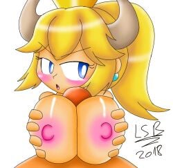 1boy 1girls 2018 blonde_hair blue_eyes blush bowsette breasts completely_nude crown fangs female gender_transformation lsr lsr_(artist) male_to_female mario_(series) new_super_mario_bros._u_deluxe nintendo nipples nude nude_female paizuri penis rule_63 solo_focus super_crown titjob transformation white_background