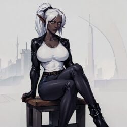 ai_generated big_breasts black_jeans dark_skin elf elf_ears jeans stable_diffusion white_hair white_shirt