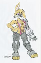 anthro big_breasts big_hips bunnie_rabbot cyborg eyeshadow female_only furry marlon64 mechanical_arm mechanical_leg prosthetic prosthetic_arm prosthetic_leg showing_nipple sonic_(series) sonic_satam swimsuit traditional_media_(artwork) white_background