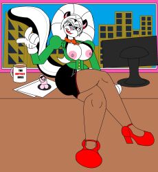 big_breasts big_hips cartoony city_background desk earrings furry glasses gloves high_heels licking_lips lipstick marlon64 naughty_face shirt_only shirt_open showing_breasts sitting_on_table skunk_girl slutette_the_skunk stockings suit_and_tie white_hair without_panties