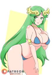 1girls big_breasts big_thighs bikini breasts cleavage curvy female female_only goddess green_eyes green_hair hand_on_breast huge_breasts kid_icarus laurel_crown light-skinned_female light_skin looking_at_viewer navel nintendo noboru_revista palutena solo tagme thick thick_hips thick_thighs thighs underboob very_long_hair wide_hips