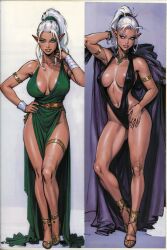 ai_generated big_breasts black_slingshot_bikini dark_skin elf elf_ears green_dress slingshot_bikini stable_diffusion white_hair