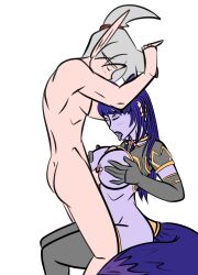 1girls barbell_piercing blizzard_entertainment blood_elf fia_(fiavoidwolf) nipple_piercing original_character paizuri piercing purple_hair purple_skin tahk_(artist) tahk_silverheart thighhighs void_elf warcraft world_of_warcraft