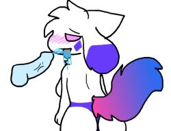 4_ears after_oral blue_cum blue_penis blush blush_lines bottomwear_only breasts butt butt_cheeks crystal_(kittydogcrystal) cum cum_in_mouth cum_on_tongue cumshot dick disembodied_penis female furry furry_only gradient_fur half-closed_eyes kittydog_(species) kittydogcrystal male/female panties penis pink_eyes purple_fur purple_panties standing tail tongue_out topless underwear underwear_only white_fur